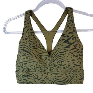 Athleta Animal Print Sports Bra Olive‎ Green Leopard Plunge Workout Top Size S